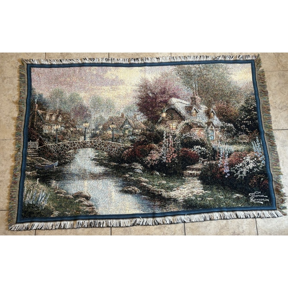 Vintage Thomas Kinkade "Lamplight Bridge" Tapestry Blanket 64x44 In USA Cottage